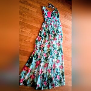 Betsy Johnson NWT Ladies Halter  Dress, Blue Floral Pattern  Sz XS MSRP $129.